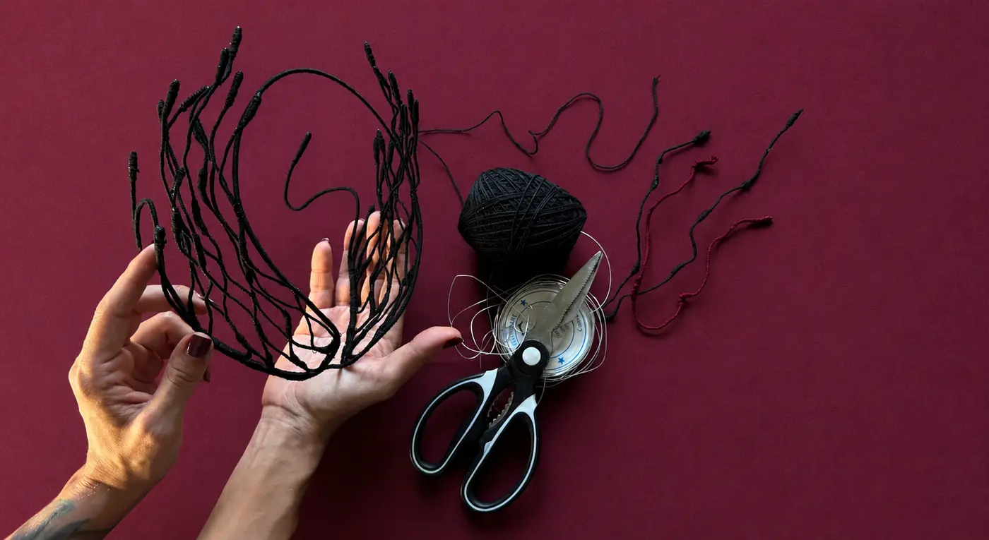 ASPECT mask being hand-sculpted from wire and thread
